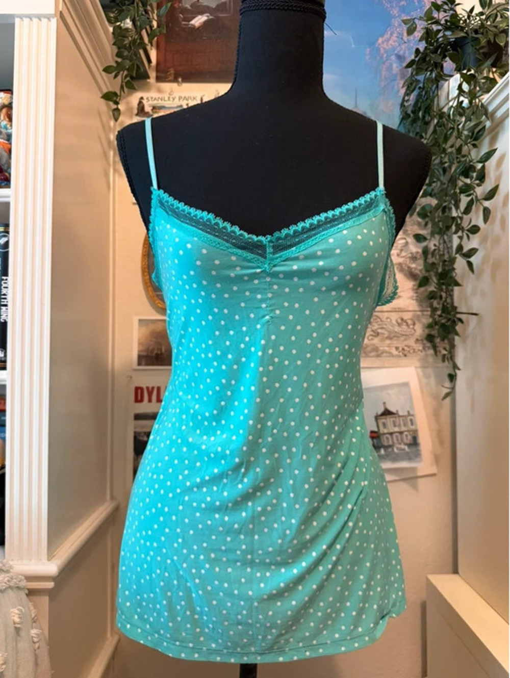 George Aqua White Polka Dot Lace Trim Sleep Cami Size Small